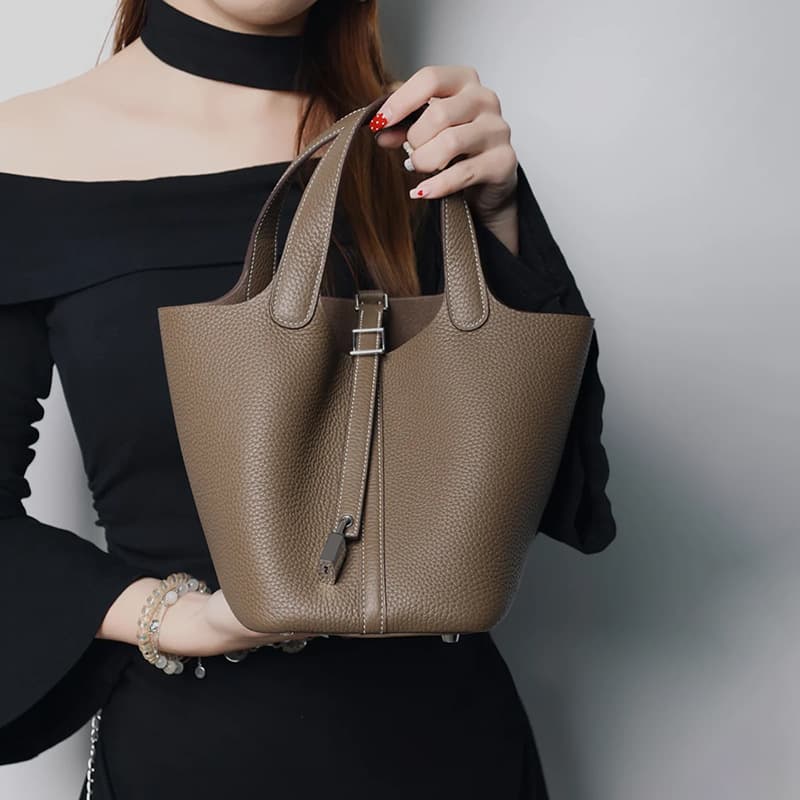 Women's Basket Bag, Top Layer Cowhide, Large Capacity Handbag, Genuine Leather Bucket Bag, Underarm Basket Bag, Cowhide