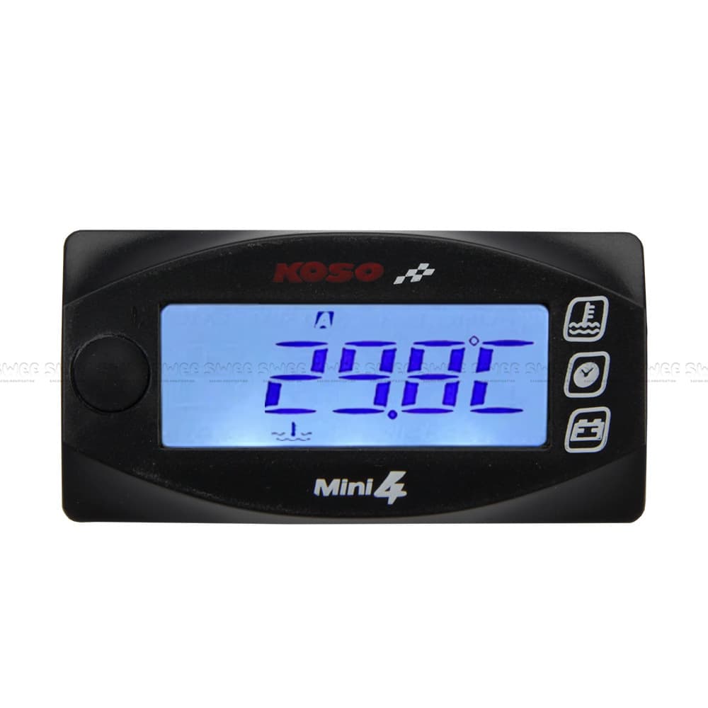 Universal Motorcycle Water Temperature Gauge KOSO 4-in-1 Oil Temp, Voltage, Time Meter with Dual Temperature Monitoring LCD
