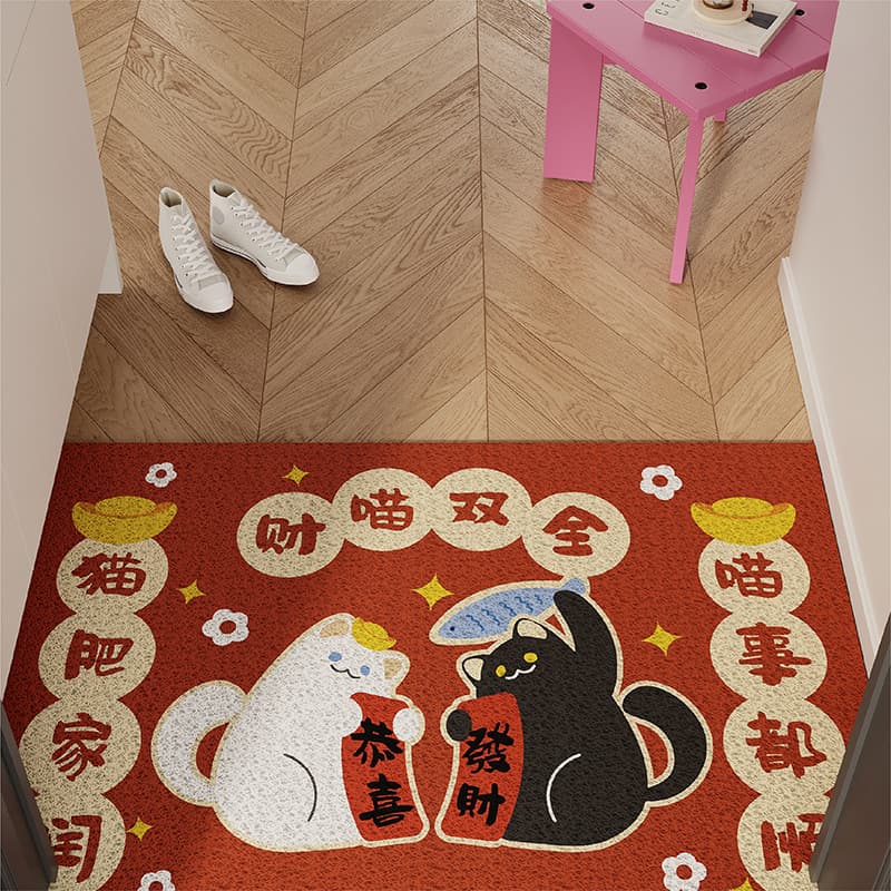 Lucky cat doormat, scraper/frame type, festive red for New Year, anti-slip, dirt-removing, for entryway or doorway.