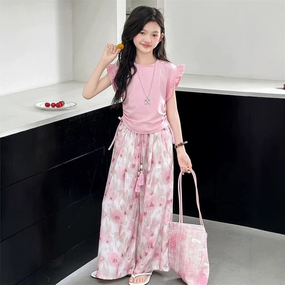 Girls Summer Suit 2026 New Korean Style Fresh Sleeveless Girls Style Ice Silk Anti-mosquito Pants Korean Two-piece Set