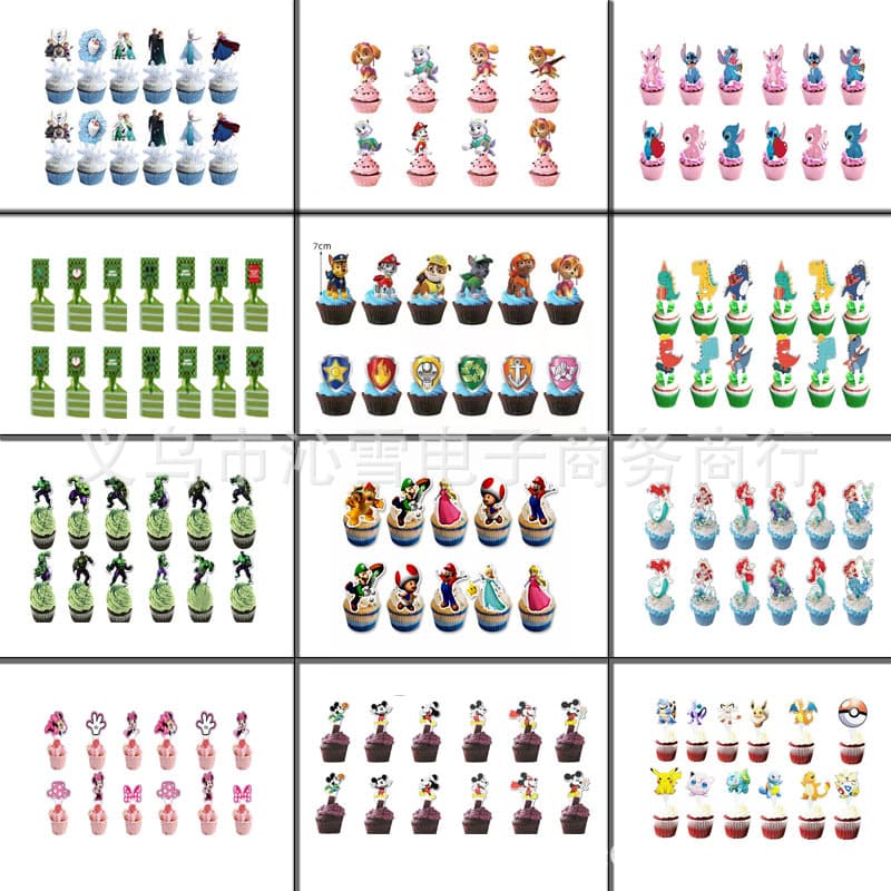 Cartoon Character Cake Decoration Small Paper Cards, Mini Flags, Birthday Party Cartoon Theme Decorative Inserts