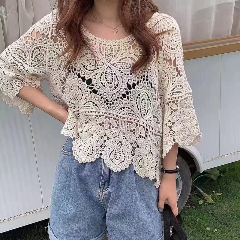 New Summer Crochet Knit Cardigan for Women, Loose Pullover, Hollow-Out, Versatile 7/8 Sleeve Sun Protection Top