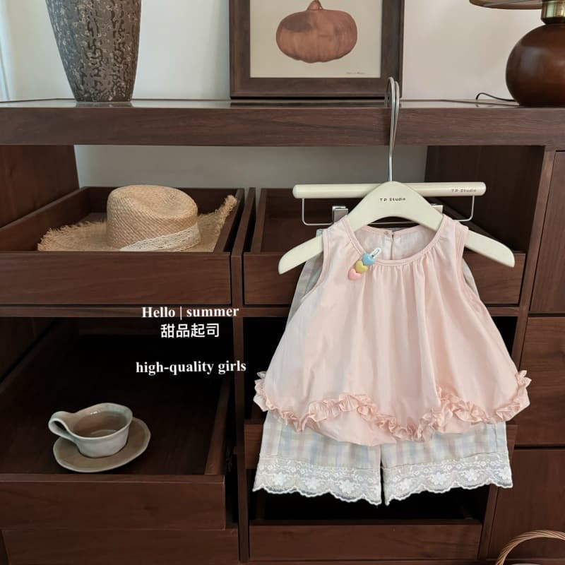 【Dessert Cheese】Sakura Peach! Baby girl sweet pink bud top plaid lace nine-point pants set