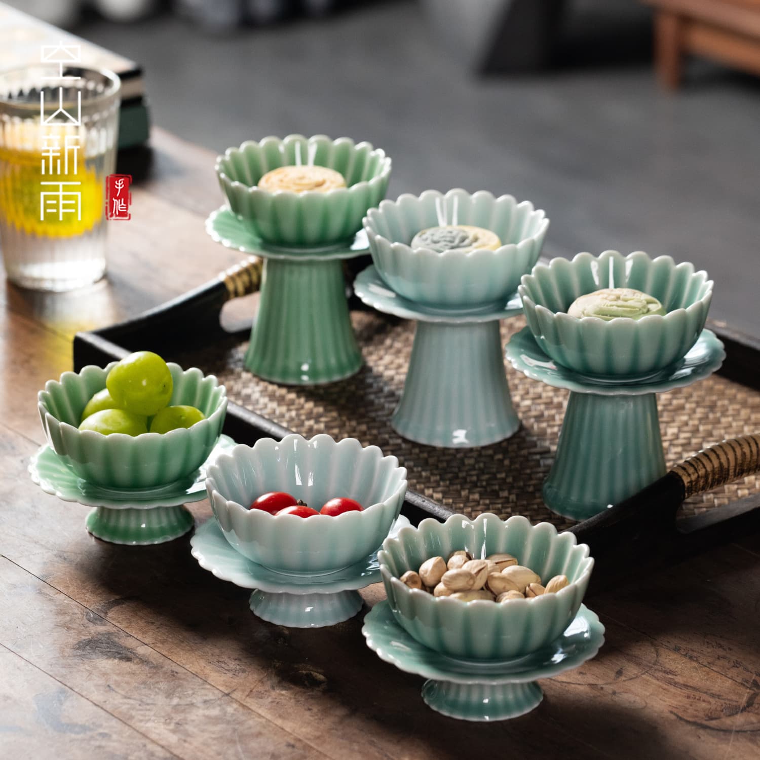 Kongshan Xinyu Longquan Celadon Fruit Plate High-Foot Tea Snack Plate Pastry Plate Ceramic Dried Fruit Plate Dessert Dish Clear Water Tray