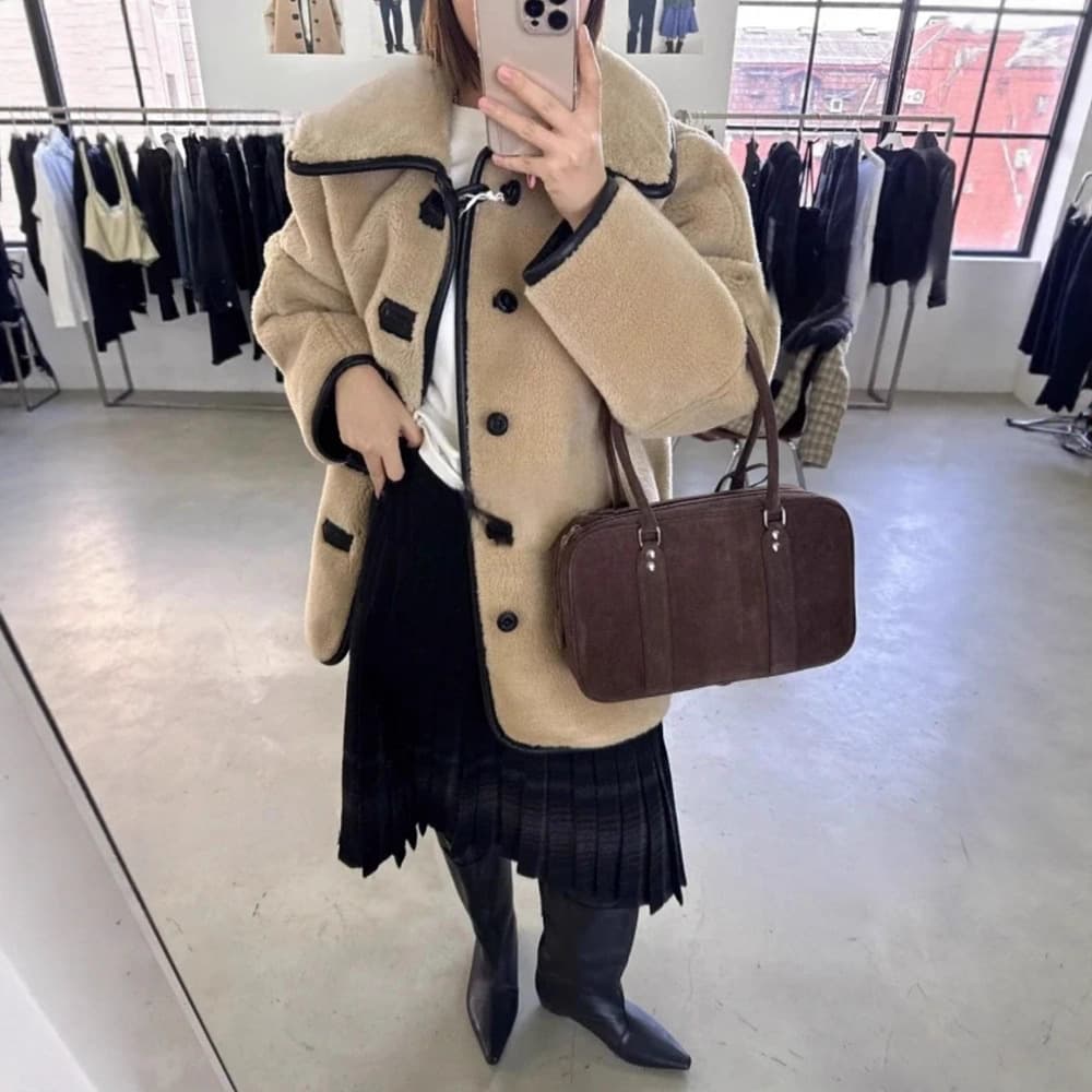 Now H reversible Korean style casual wool jacket for women 2025 autumn and winter lapel temperament fur one-piece warm jacket