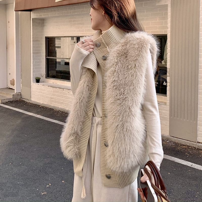 Korean Style Stand Collar Mink Fur Sleeveless Sweater Women's Coat 2025 Autumn/Winter New Style Loose Elegant Knitted Cardigan