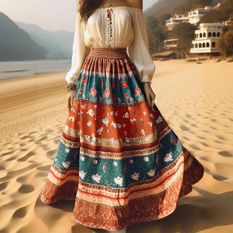 LN1469 2026 European and American Cross-border Bohemian Print Skirt High Waist Slim Vacation Style Flared Maxi Skirt