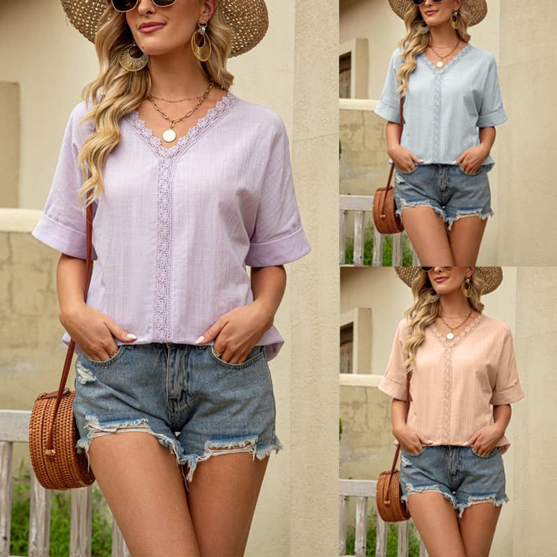 2022 New Summer Cool Short Sleeve V-Neck Top Beachwear Lace Plus Size Women's Pink Green Khaki