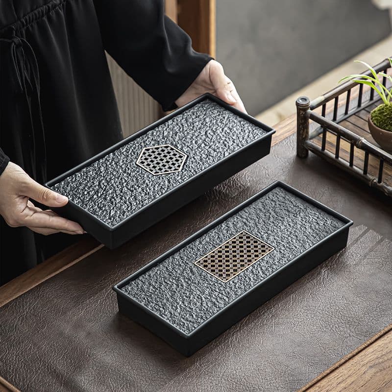 Imitation black stone tea tray and tea set, light luxury home stone tea table, small with storage and drainage tray, dry brewing tray, Class B.