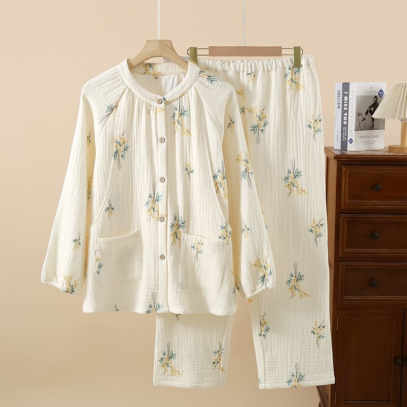 Pure Cotton Four-Layer Gauze Maternity Pajamas for Spring, Autumn, and Winter, Thickened Postpartum Nursing Sleepwear, Full Cotton