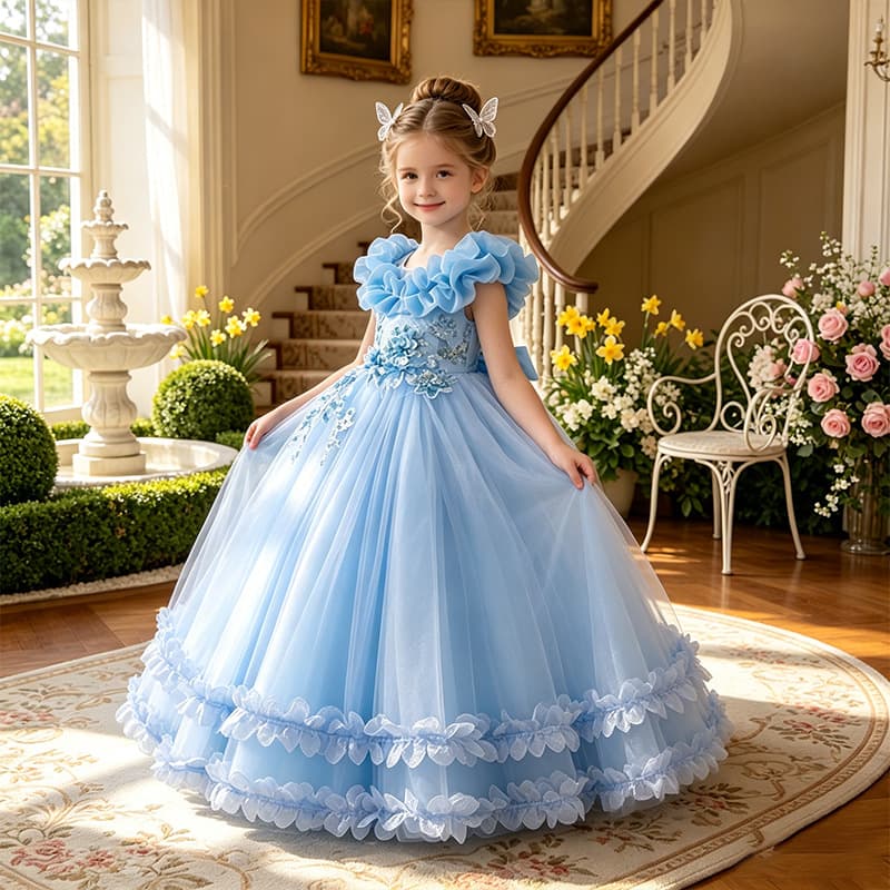 Cross-Border Children's Long Wedding Dress Gown for Girls Ages 3-15, Princess Dress with Tulle Netting