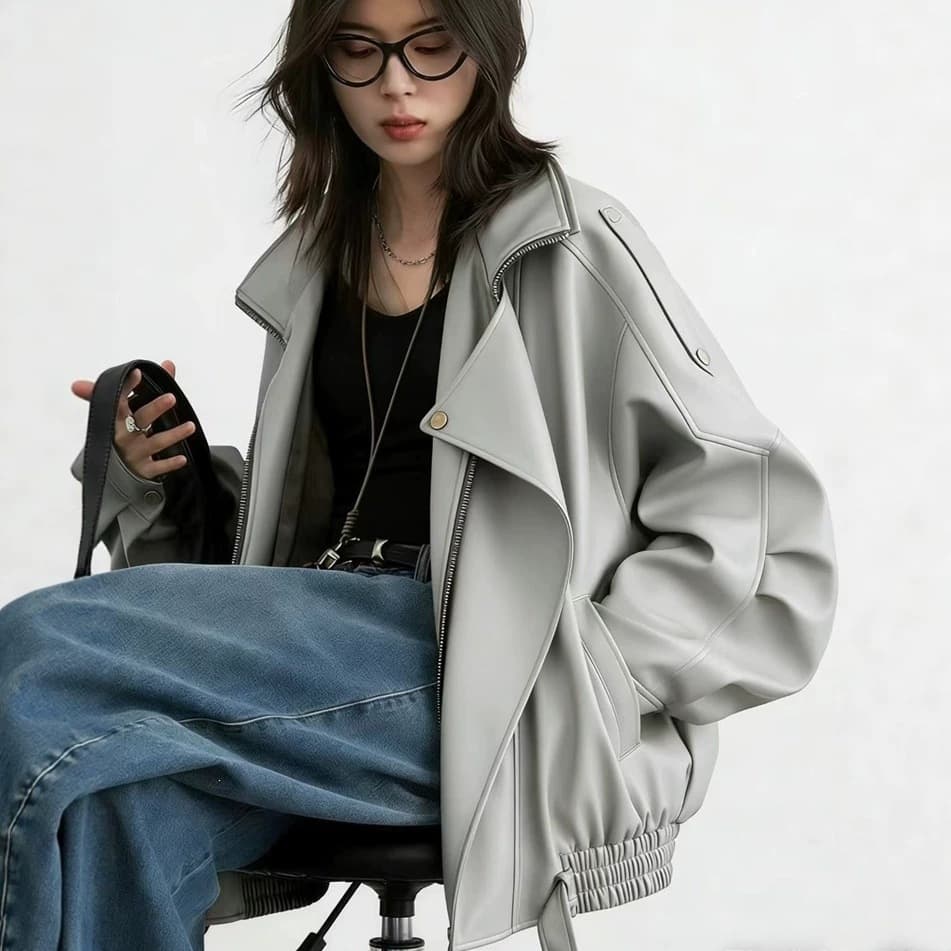 Vintage Motorcycle PU Leather Jacket for Women, American Style Casual Coat, 2026 Fall New Loose Fit Versatile Outerwear
