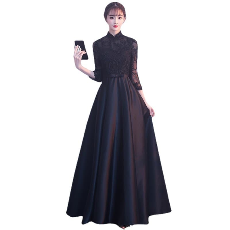 Black Formal Dress 2026 New Summer Stand Collar Elegant Long Sleeve Evening Gown