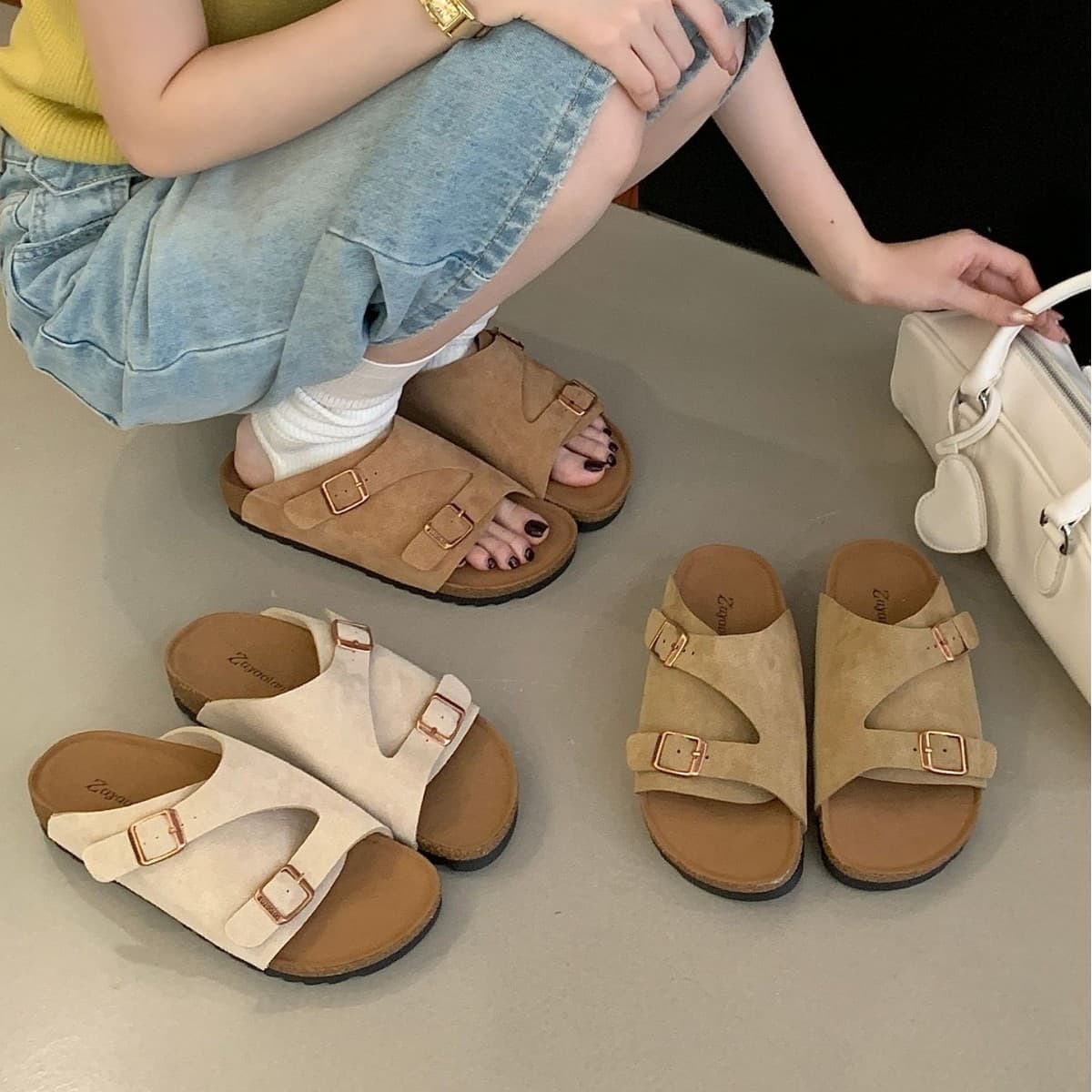 Genuine Leather Soft Sole Inner Height Increase Retro Slip-On Buckle Birkenstock Versatile Slippers Women's Sandals Genuine Leather Sandals Women