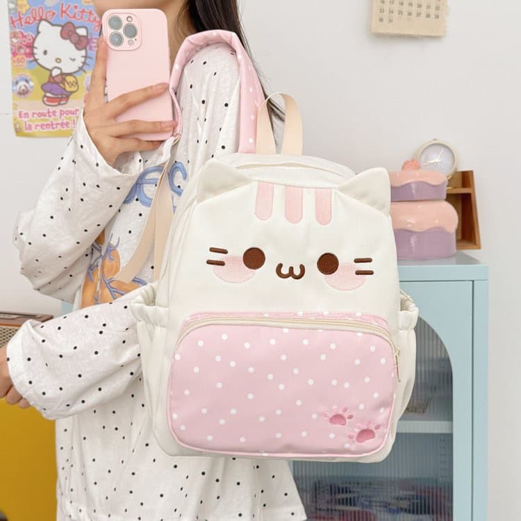 Japanese Cartoon Cat Backpack for Women, Unique Design, Cute Polka Dot Student Schoolbag, Large Capacity Versatile Backpack