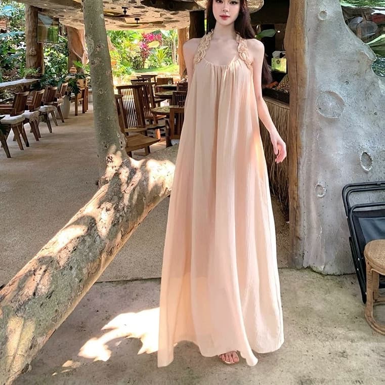Stunning Unique Halter Off-Shoulder Backless Dress for Women, Summer High-End Beach Vacation Flared Long Dress