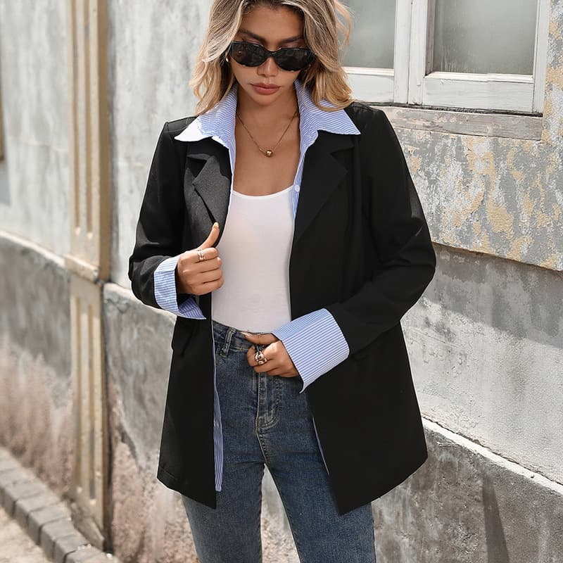2026 Autumn New Style Blazer Stripe Contrast Color Fake Two-Piece Blazer European and American Personality Commute Jacket for Women