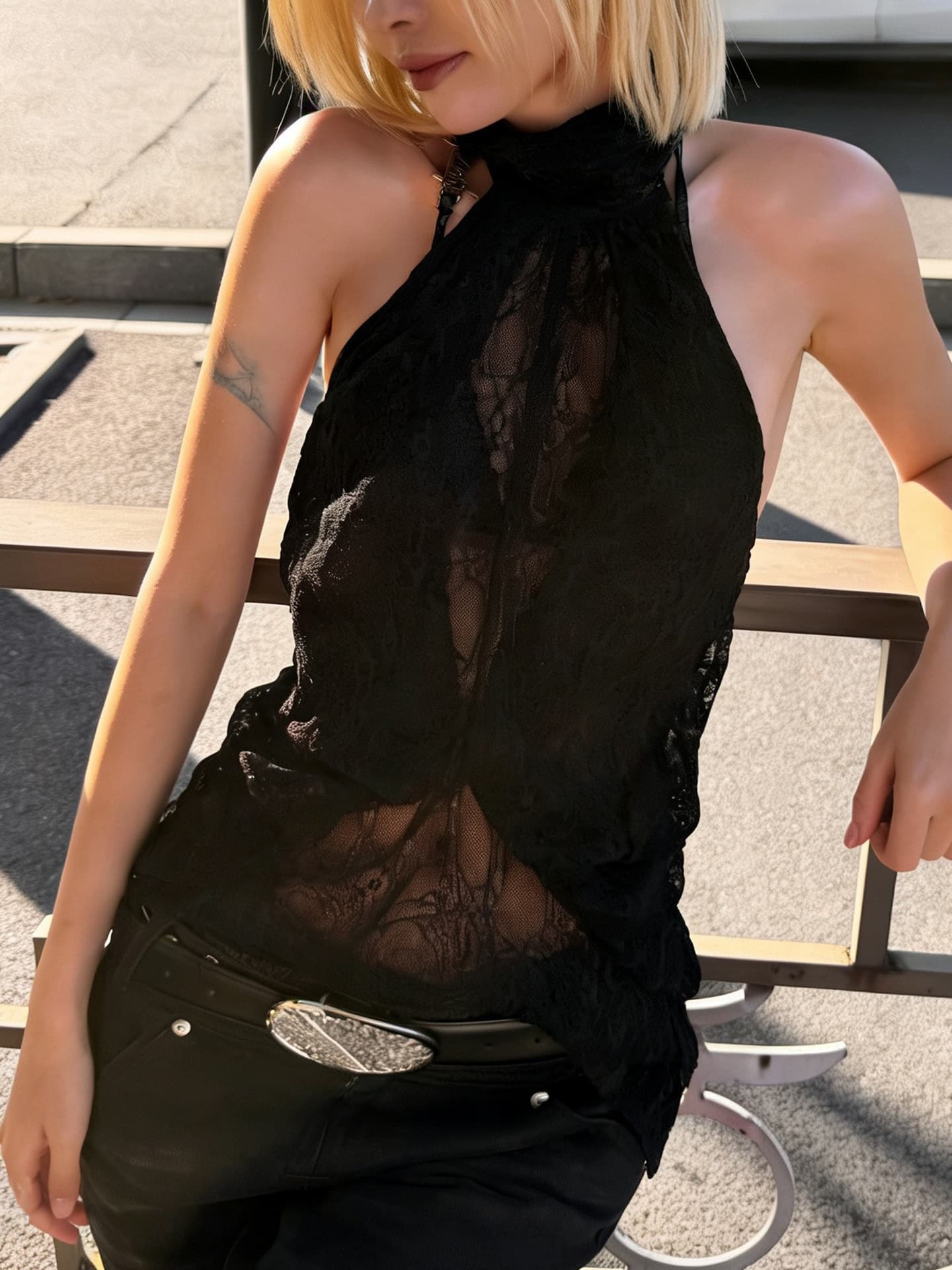 European and American Style Women's Summer New Fashion High Collar Lace Sheer Sleeveless Backless Asymmetric Top