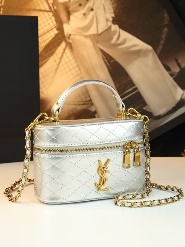 DIY Quilted Chain Bag Shiny Leather Box Cosmetic Bag Genuine Leather Versatile Handbag Shoulder Crossbody Women's Bag