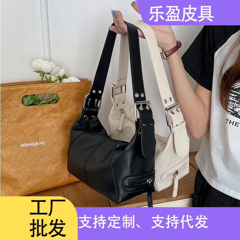 Cool Girl Leather Zipper Shoulder Bag Vintage Handbag Underarm Bag Trendy Design Single Strap Soft PU Square Shape Bag