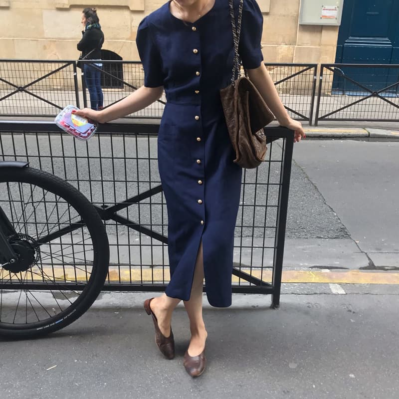 2026 Summer Korean Style French Retro Button Waist Cotton and Linen Dress Slim-Fit Temperament Literary Gentle Long Skirt for Women