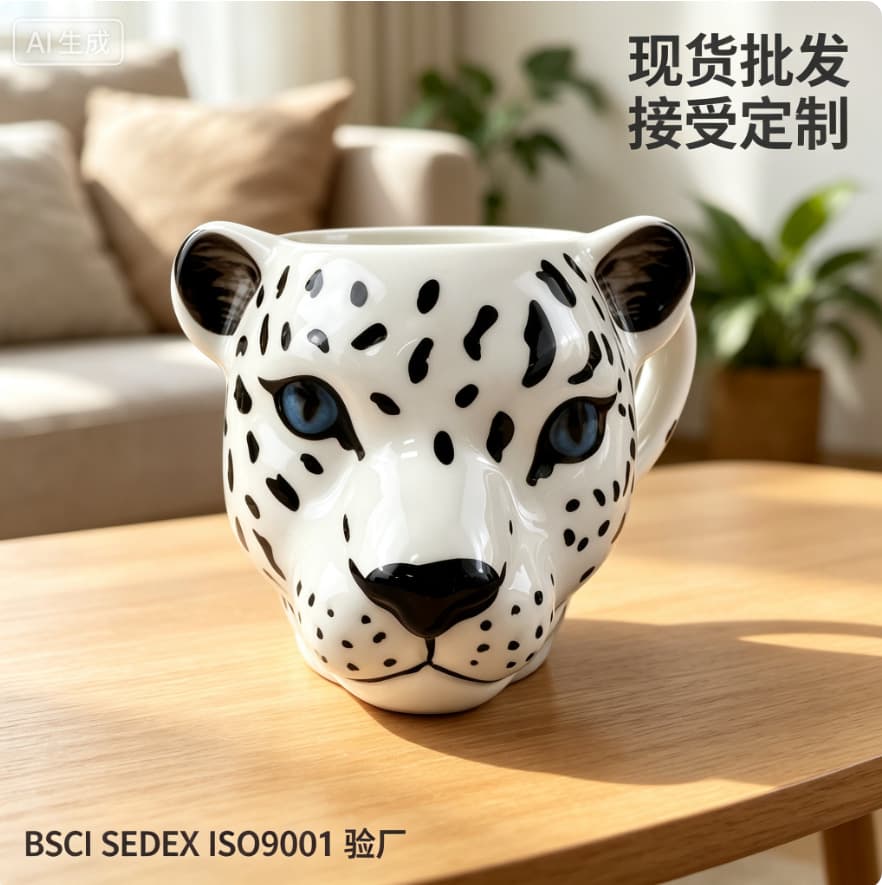 Factory Direct Cute Cartoon Cup 3D Sculpted Ceramic Mug Animal Leopard Dog Pug Tiger Lion Cup