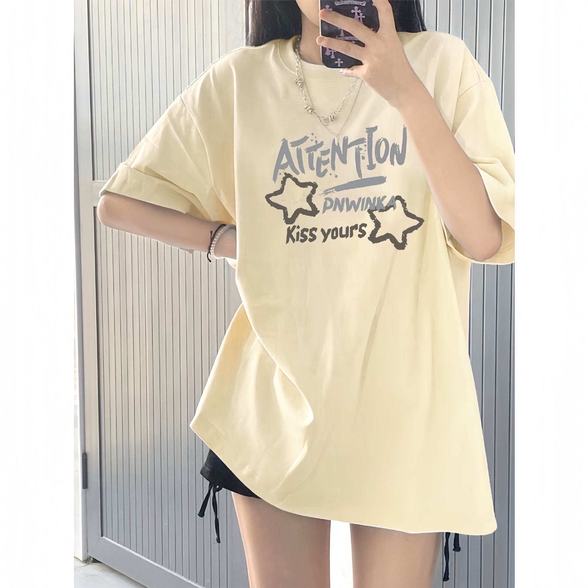 Apricot Color Pure Cotton Short-Sleeved T-Shirt for Women 2026 New American Style Loose Letter Star Print Oversize Top Summer