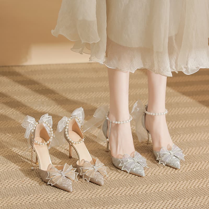 2024 New Stiletto Heels Pointed Toe Sequins Bow Hollow Out Shoes Coming of Age Wedding Shoes Bride Shoes Pointed Toe Flats