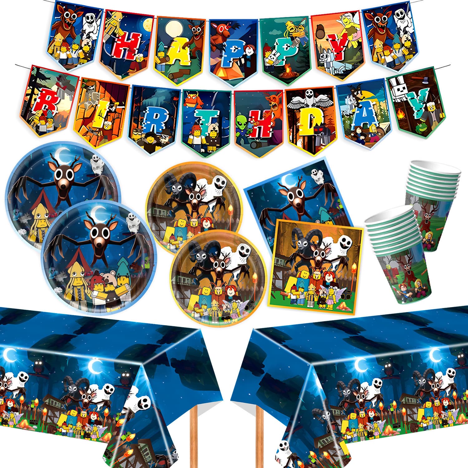 Cross-border Roblox 99 Days in the Forest Game Theme Birthday Party Paper Plates, Paper Cups, Napkins, Tablecloth, and Banner