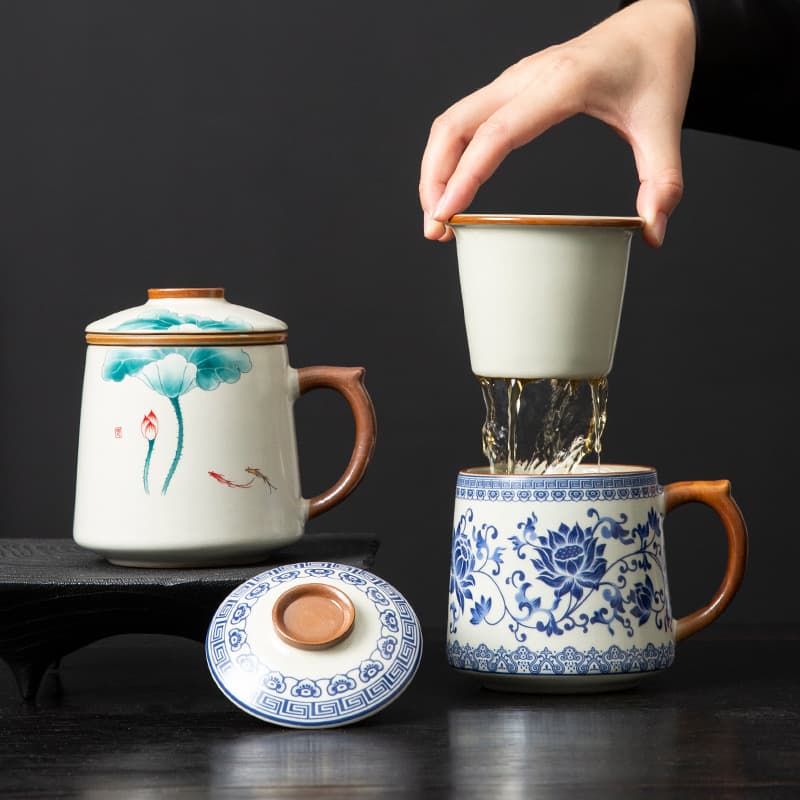 Ru kiln three-piece mug set with lid, tea and water separation cup, light luxury tea cup gift box, ceramic business gift logo