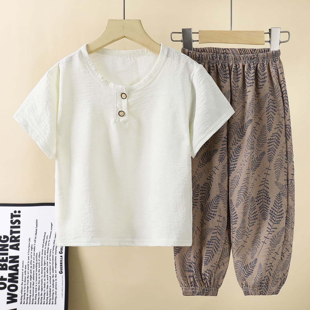 Children's Short Sleeve Set Boys Long Pants Two-Piece Casual Summer Thin Girls Top Cropped Pants Baby Kids Clothing