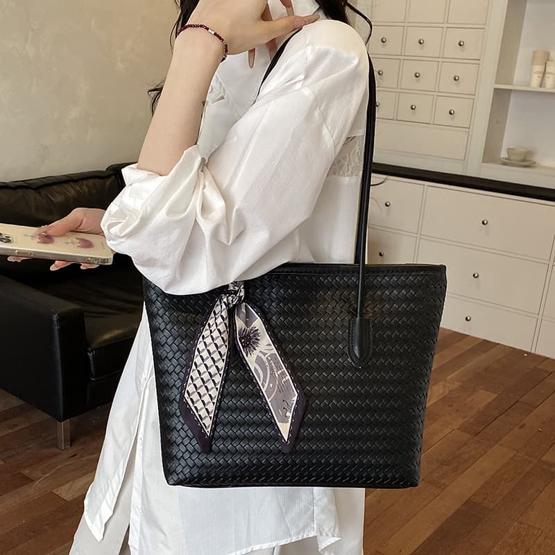 Cross-border Large Capacity Tote Bag Simple Style Grocery Bag College Student Book Bag Student Essential Woven Texture Single Shoulder Bag