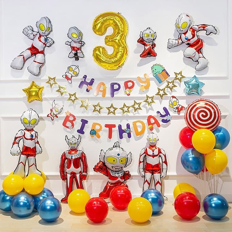 Ultraman Theme Balloons for Kids Birthday Party Aluminum Foil Balloon Decoration Latex Balloon Set