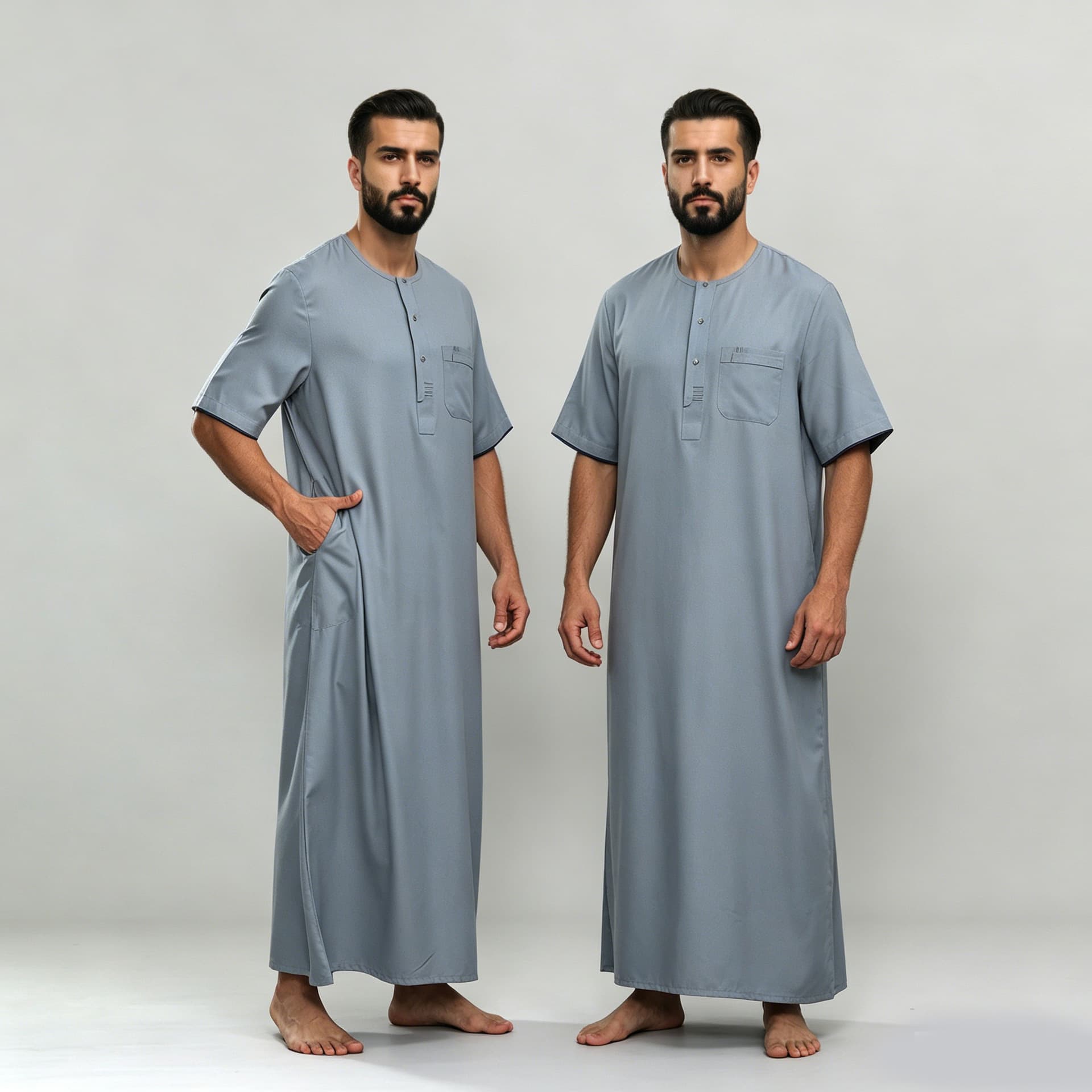 SP0052 New round neck metal buckle fashion men's Thobe short-sleeved robe casual high-end loose outer robe