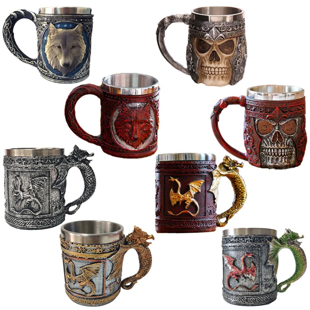 Retro Skull Cup Resin Mug Skull Head Flying Dragon Wolf Knight Holiday Gift Cross-border Home Exclusively Available