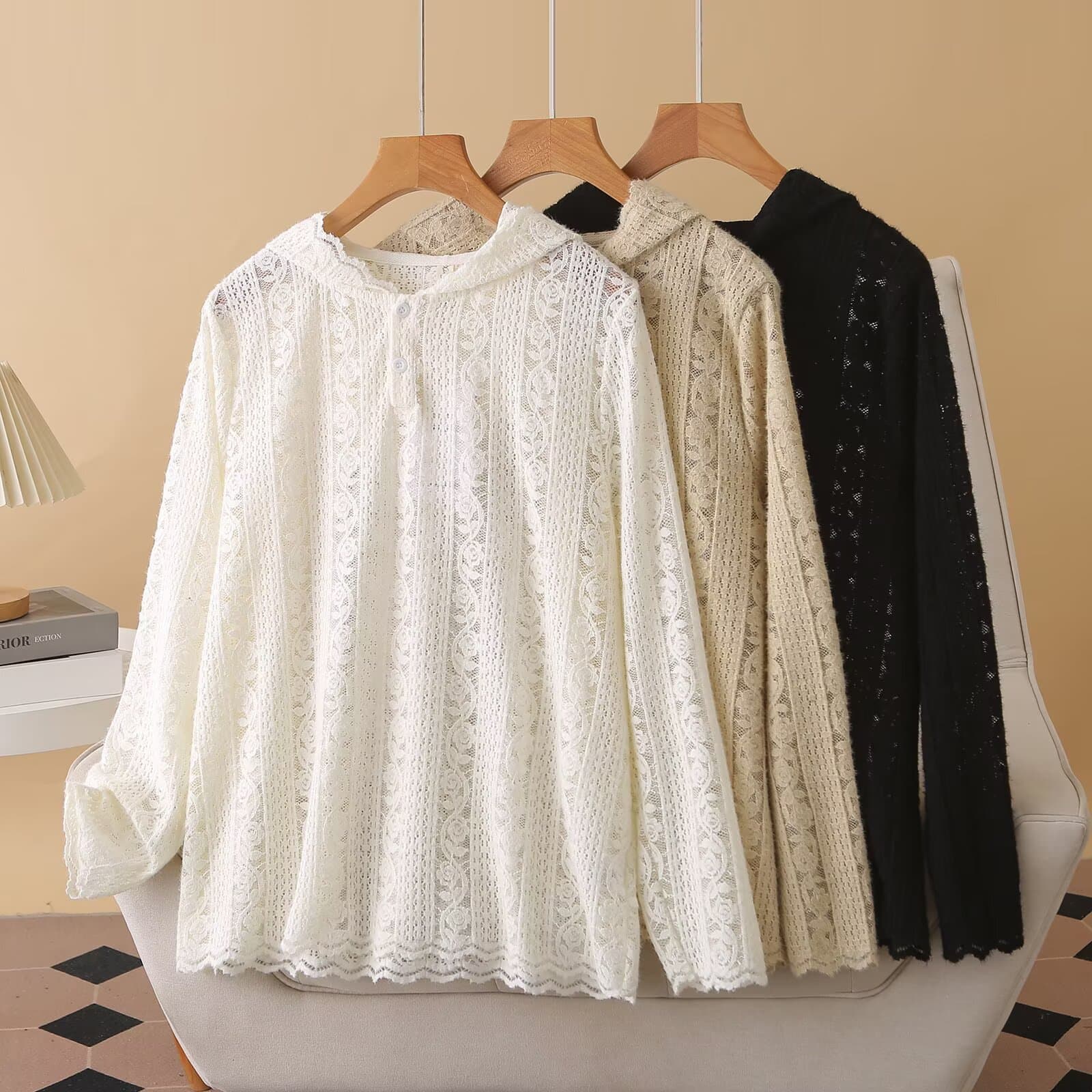 2025 Autumn Plus Size Lace Long-Sleeved Hooded Top for Women, Hollowed-Out Hoodie, Simple and Versatile Base Layer 8025