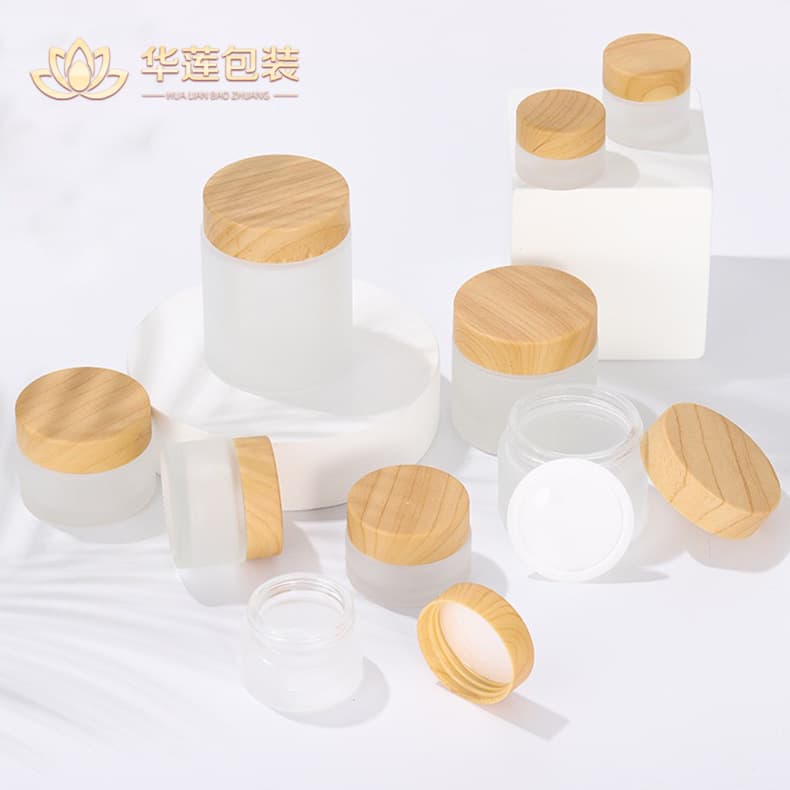 Wood Grain Lid Frosted Cream Jar Travel Portable Face Mask Face Cream Eye Cream Jar Cosmetic Glass Empty Bottle