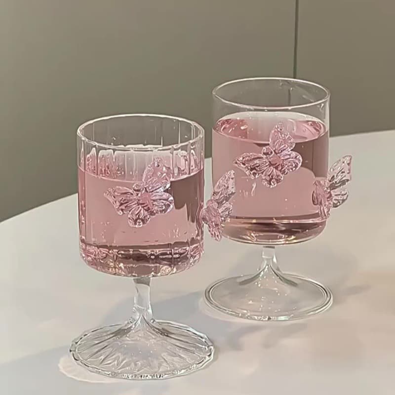 High Borosilicate Heat-Resistant Glass Pink Butterfly Household Cold Drink Juice Ice Water Champagne Wine Tall Glass
