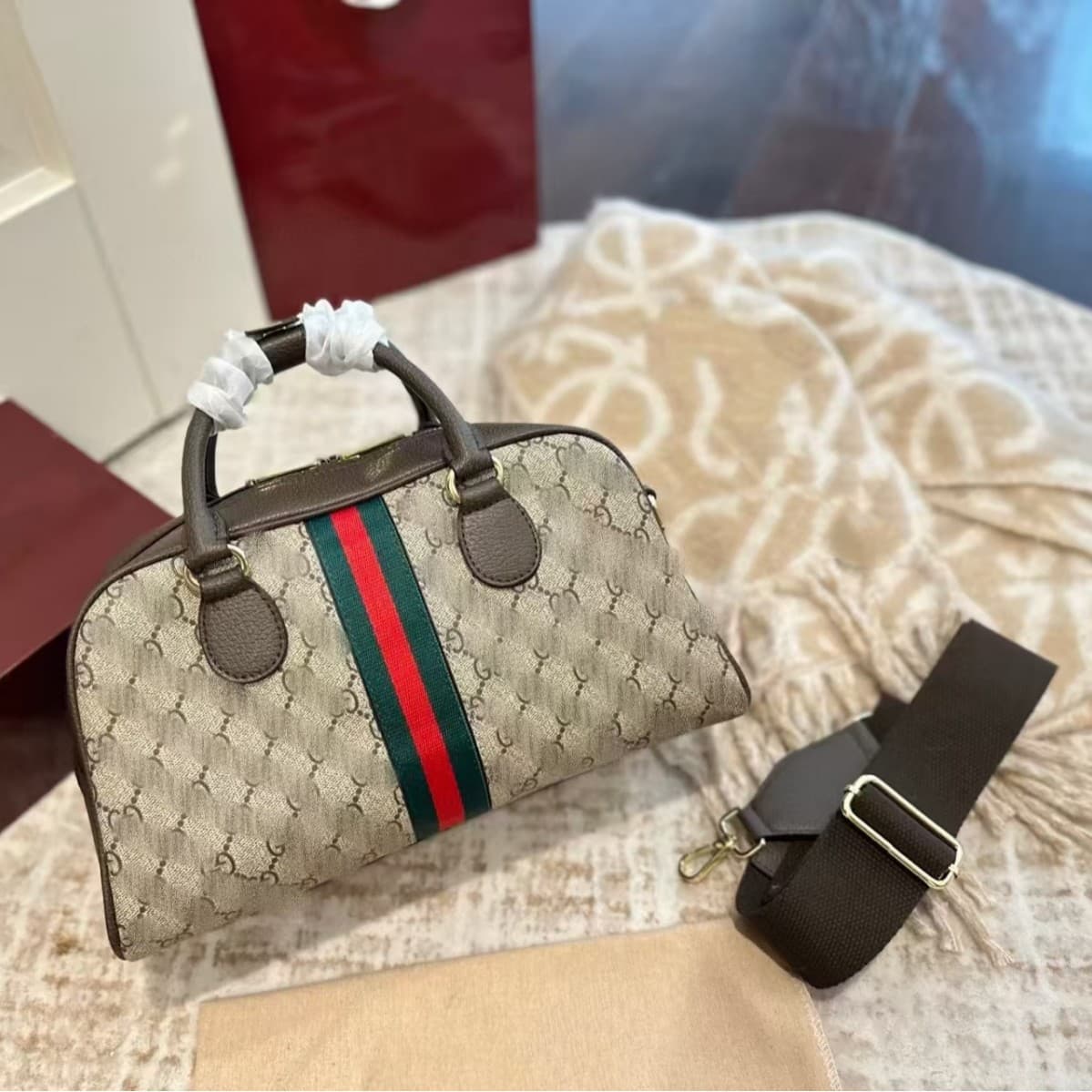 G Brand New Double G Canvas Boston Bag Interlocking Pattern Women's Shoulder Bag Handbag Tote Crossbody