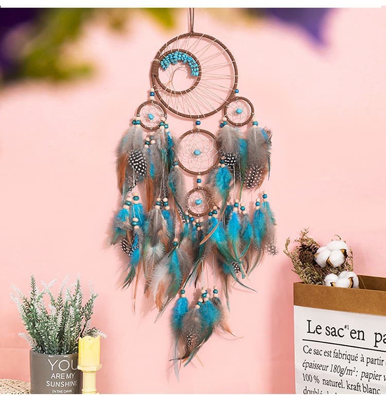 Indian feather dream catcher five-ring pendant classical door hanging bedroom bedside hanging wind chime birthday gift crystal