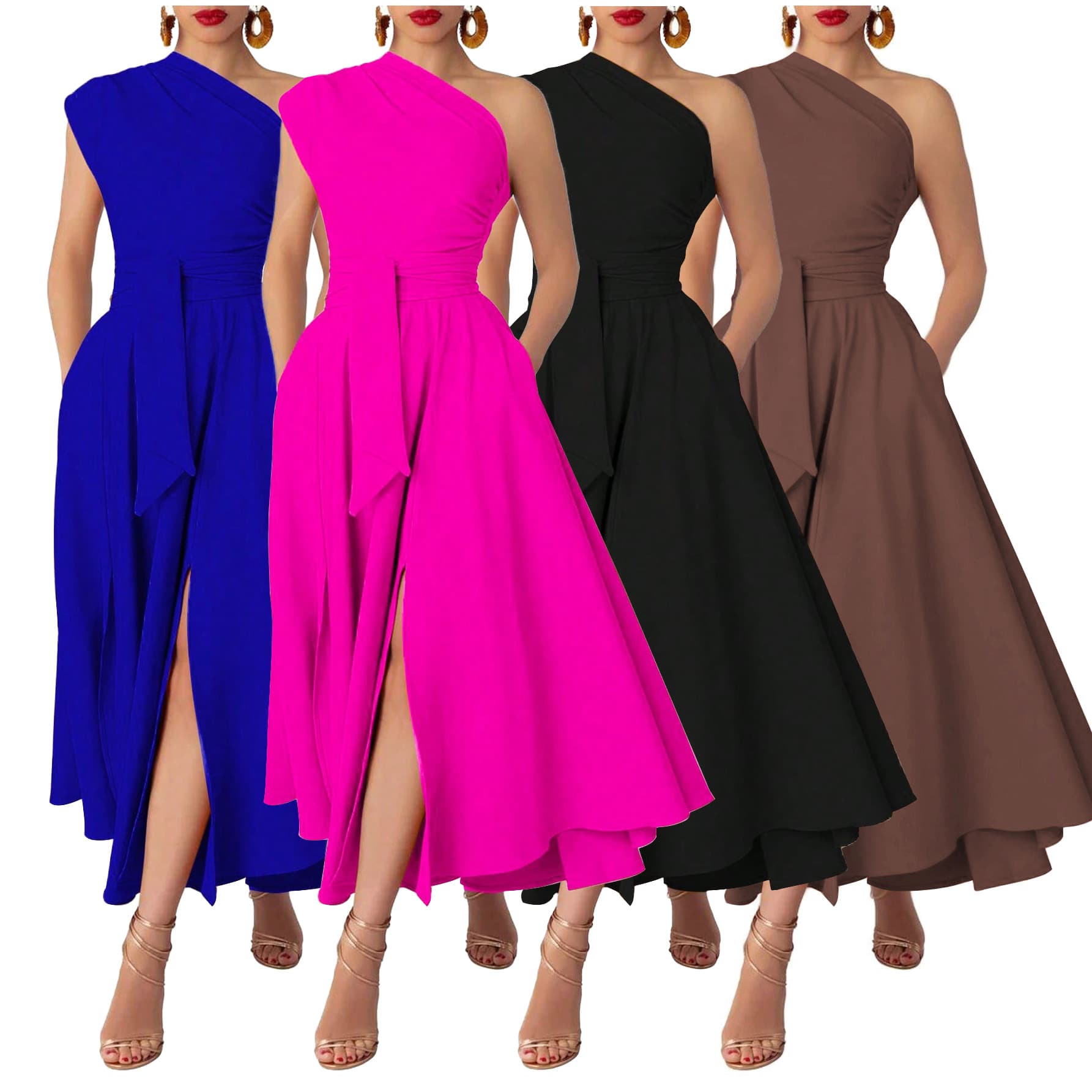 Amazon Cross-Border Summer Hot Sale European and American Fashion Women's Sleeveless Asymmetrical Neck Solid Color Waist-Cinching Flared Dress