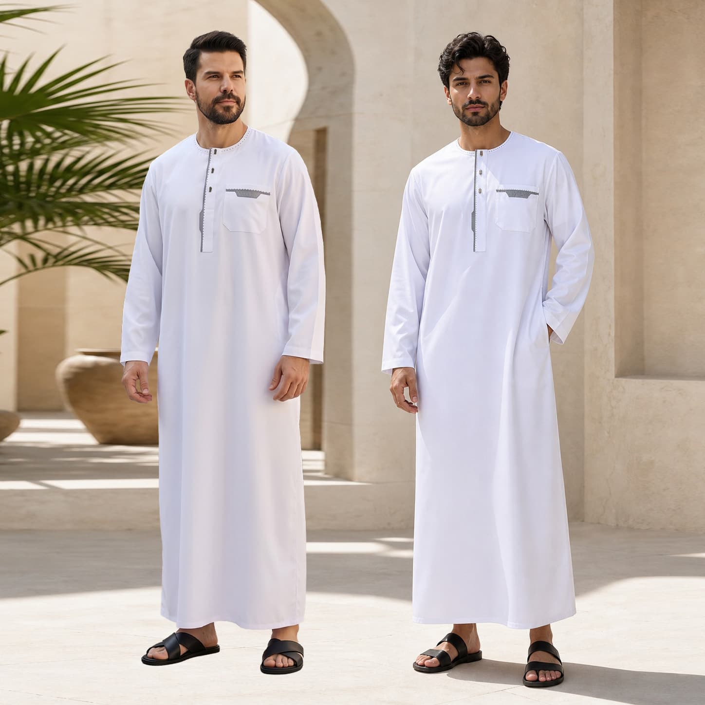 Fn204-Hx600 New Men's Thobe White Round Neck Color-Blocking Fashion Business Casual Men's Robe