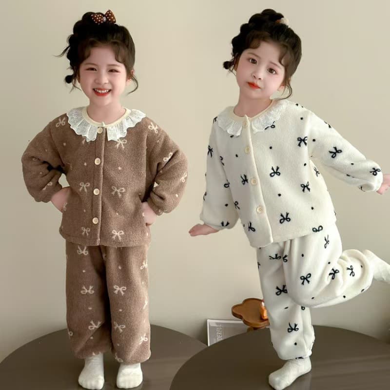 New Children's Warm Suit Autumn and Winter Girls Coral Velvet Cardigan Pajamas Baby Home Clothes New Suit