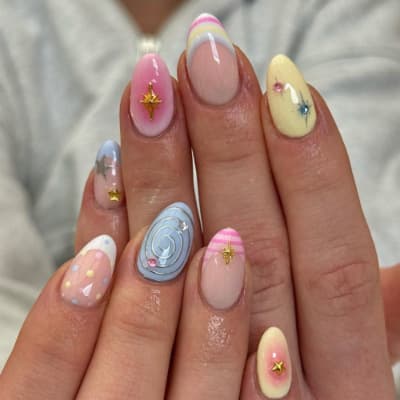 Lefan Manicure Color Gradient Dopamine French Wear Nails Sweet Stars Gentle Wave Dots Almond Nails False Nails