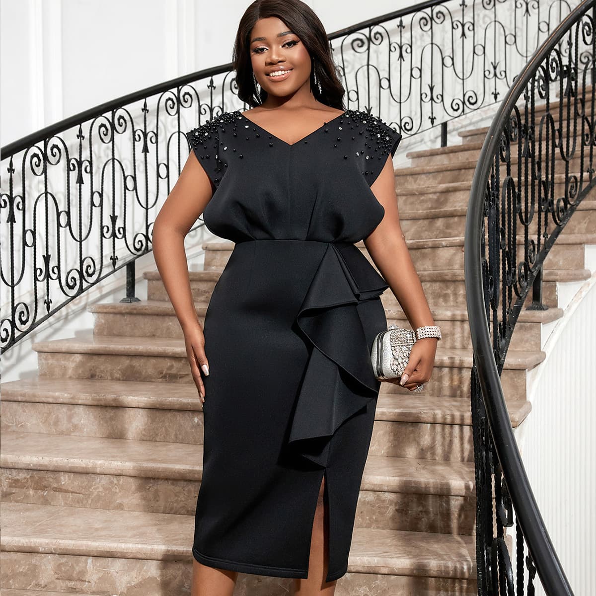 AM040122 Beaded Black Dress Plus Size Banquet Party Bodycon Dress