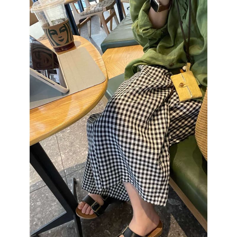 Checkered Wide-Leg Pants Cotton Linen Women Black White Plaid Loose Slimming Casual Trousers Commuter Korean Style · Black White Plaid