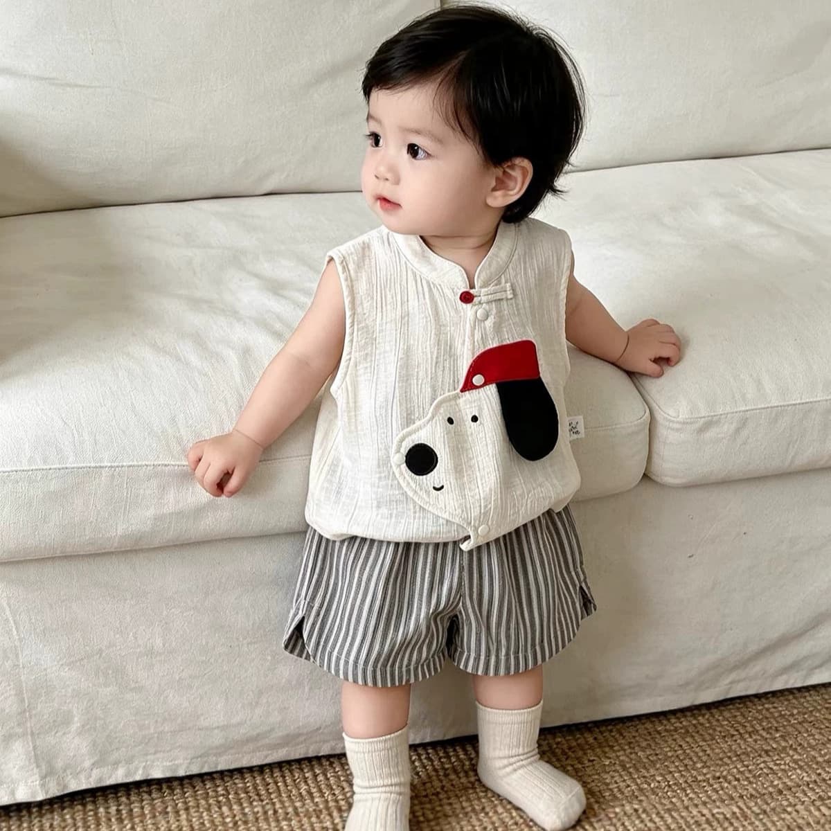 Baby Summer Outfit Boys Sleeveless Cartoon Set Toddler Striped Shorts Two-Piece Set Kids Stylish Two-Piece Set