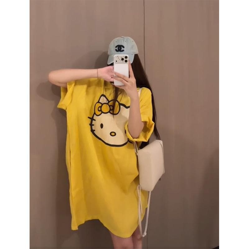 Korean KT Cat Print Yellow Nightgown for Women 2026 Summer New Casual Versatile Loose Dress Wearable Outside