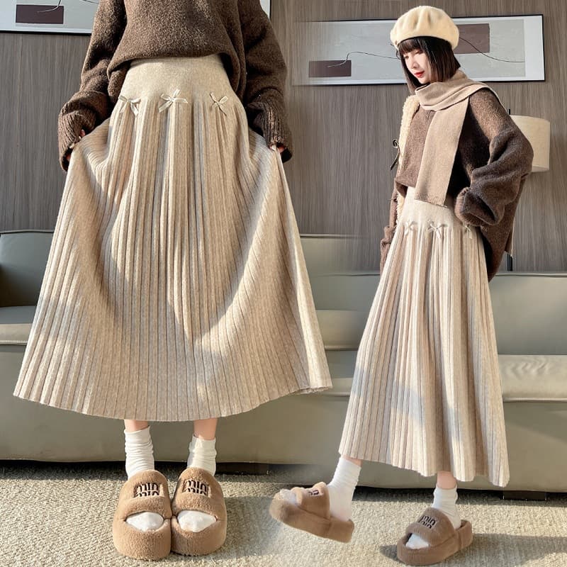 Bow-Knit Pleated Skirt, Women's Fall/Winter High-Waist Slimming A-Line Short Skirt, Petite Elegant Half Skirt