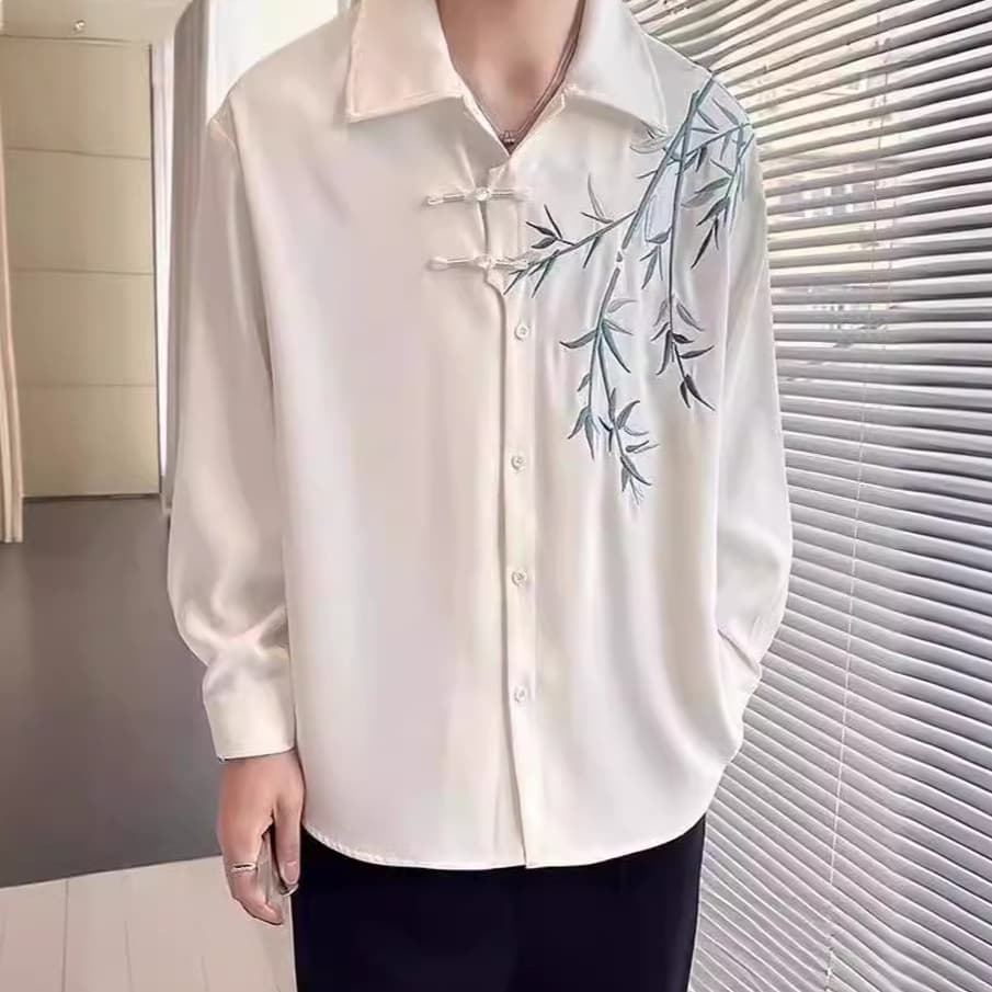 2026 New Spring/Summer Chinese Style Embroidered Long-Sleeve Shirt for Men, Plus Size, Teens, New Chinese Trendy Wholesale